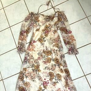 Maurices Cream and Brown Long Sleeve Sundress